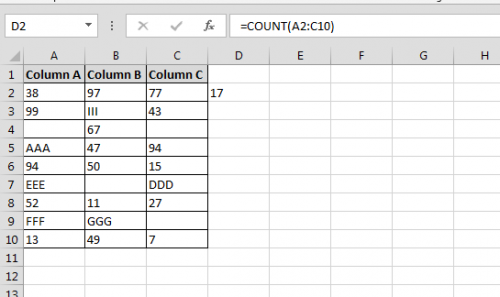 Count the number of cells with numeric data in a range in Microsoft Excel