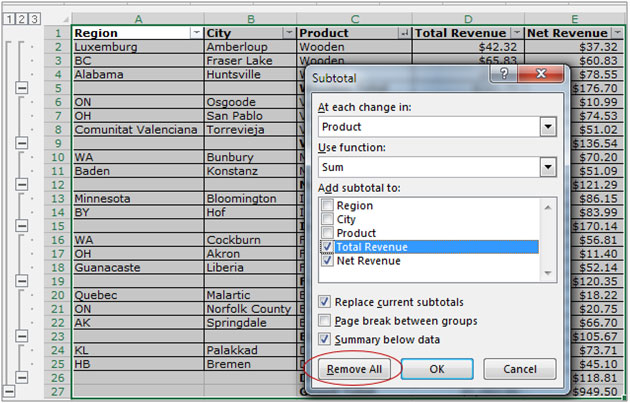 how to remove subtotals in excel