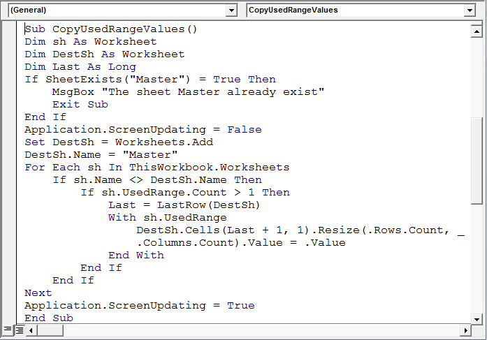 Copy the UsedRange of each sheet into one sheet using VBA ...