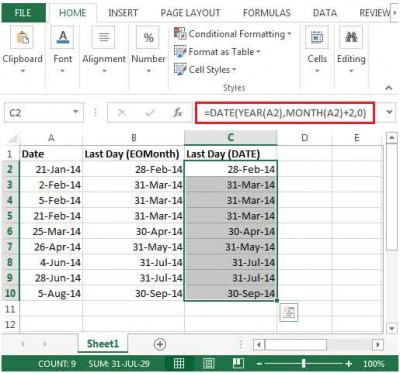 Finding the Last Day of a Given Month in Excel