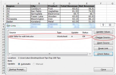 Changing the Source Link in Microsoft Excel 2010