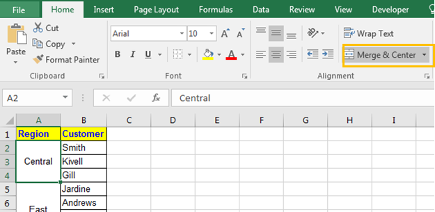 how to add merge and center in excel 2010