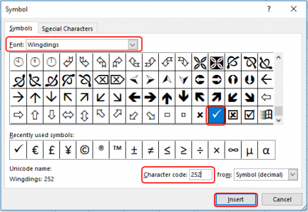 How do I Insert a Checkmark in Excel 2010-2016