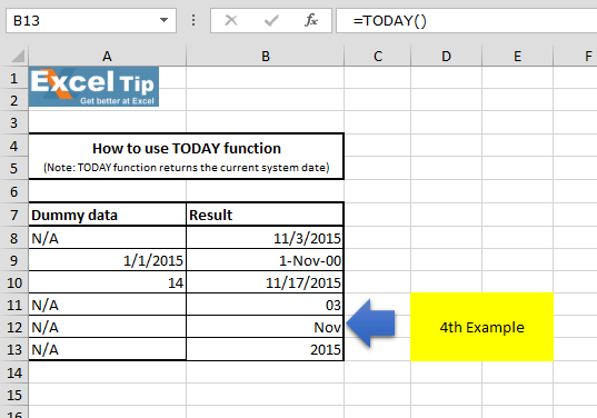 Excel TODAY function to insert today's date and more