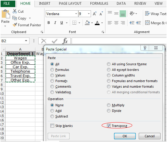 microsoft excel transpose cells