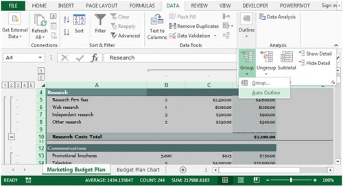Hiding Group & Outline Symbols in Microsoft Excel 2010