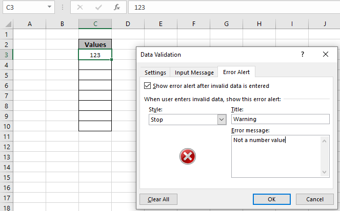 how to create a new great error message in excel