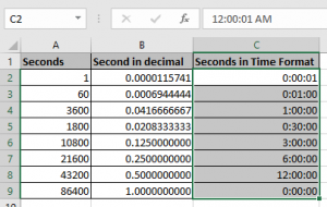 Excel convert decimal Seconds into time format