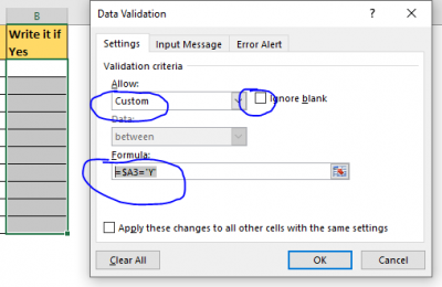 Allow Input if Adjacent Cell Contains Specific Text in Excel