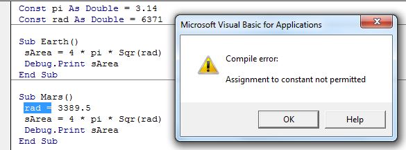 assignment to constant not permitted vba