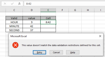Data validation with specific Hour, Minute or Second in excel
